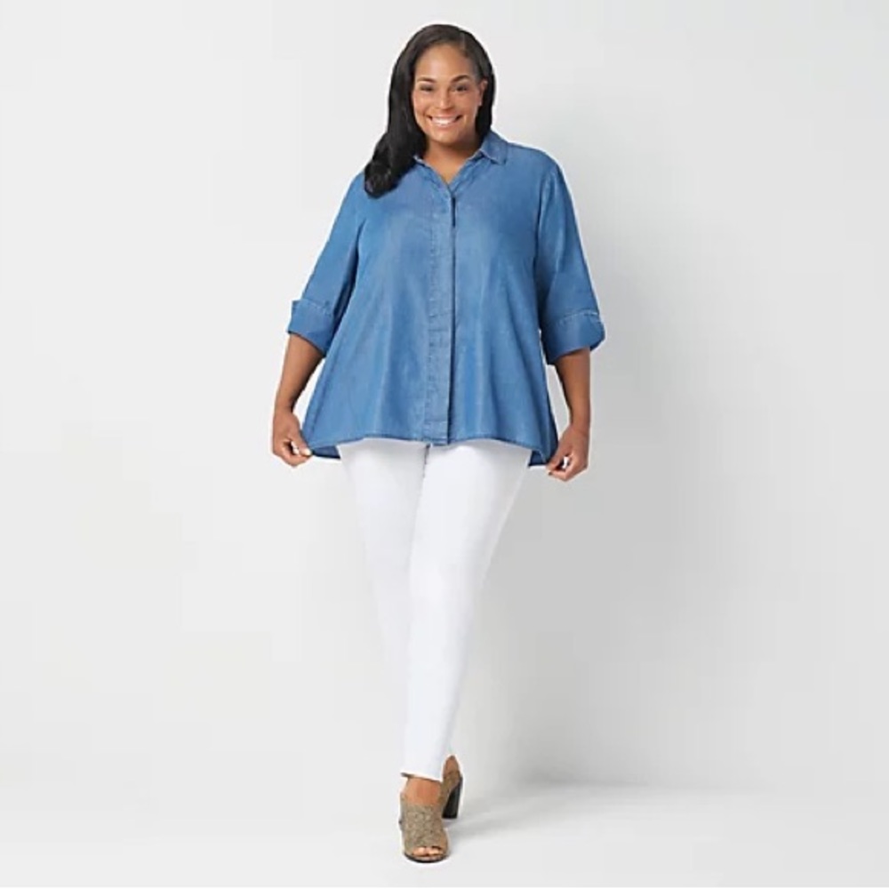 🆕 Martha Stewart Chambray Button Front 3/4- Sleeve Hi-Low Hem Blouse